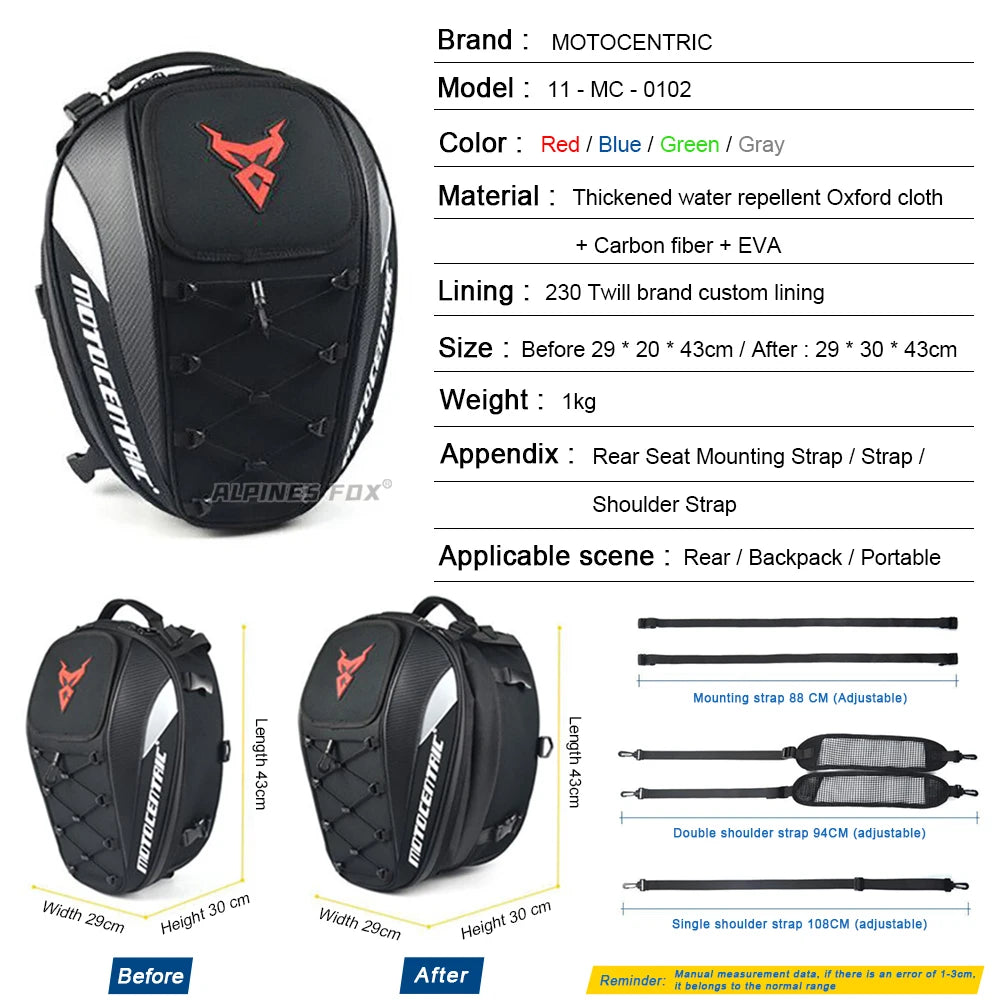 MOTOCENTRIC Waterproof Motorcycle Tail Bag Multi-functional Durable Rear Seat Bag 37L High Capacity Rider Helmet Backpack