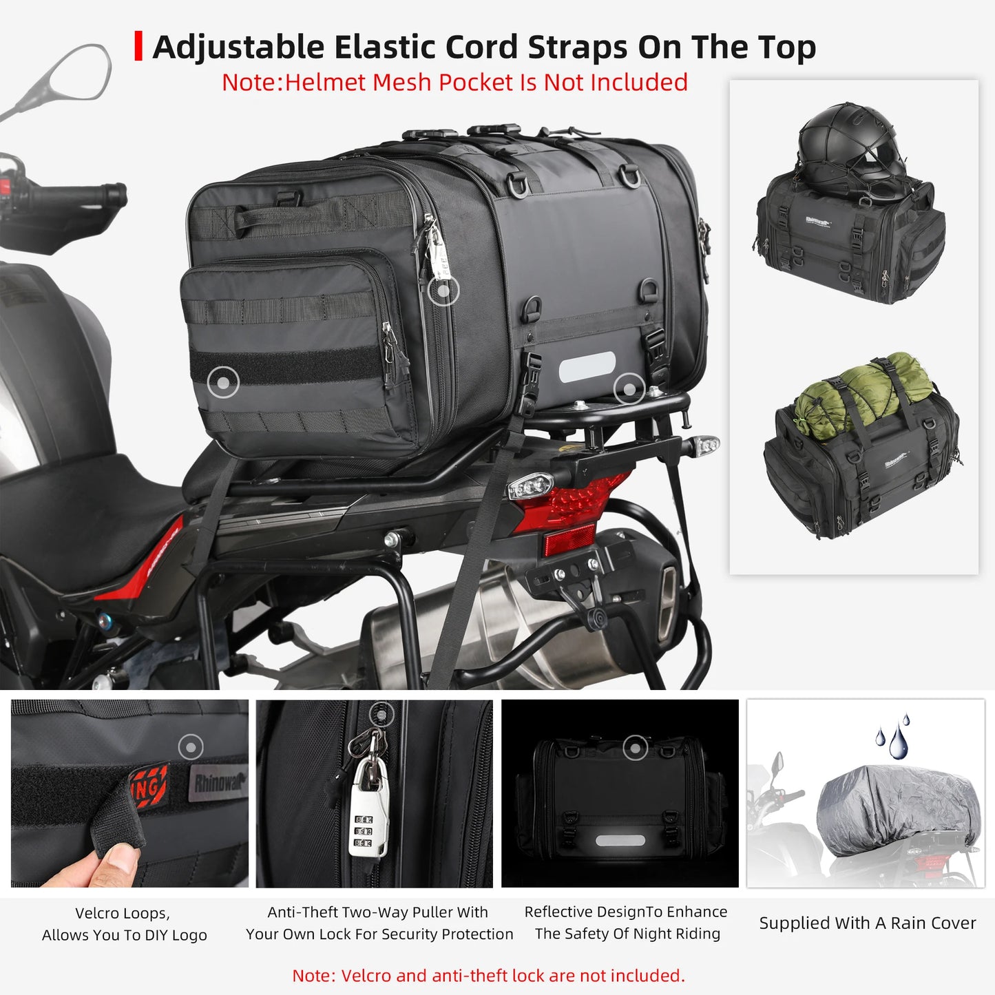 Rhinowalk Motorcycle Rear Seat Bag Travel Luggage Waterproof 19L-80L Expandable Motor Tail/Trunk/Rack Bag For Most motorcycle