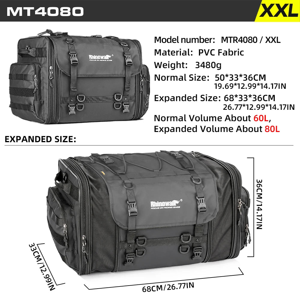 Rhinowalk Motorcycle Rear Seat Bag Travel Luggage Waterproof 19L-80L Expandable Motor Tail/Trunk/Rack Bag For Most motorcycle