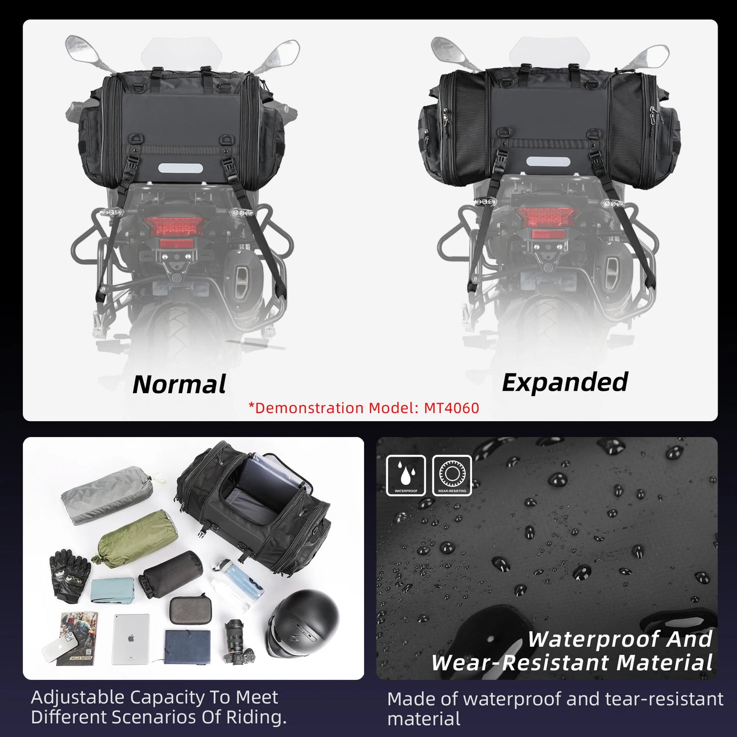 Rhinowalk Motorcycle Rear Seat Bag Travel Luggage Waterproof 19L-80L Expandable Motor Tail/Trunk/Rack Bag For Most motorcycle