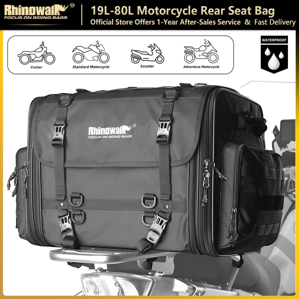 Rhinowalk Motorcycle Rear Seat Bag Travel Luggage Waterproof 19L-80L Expandable Motor Tail/Trunk/Rack Bag For Most motorcycle
