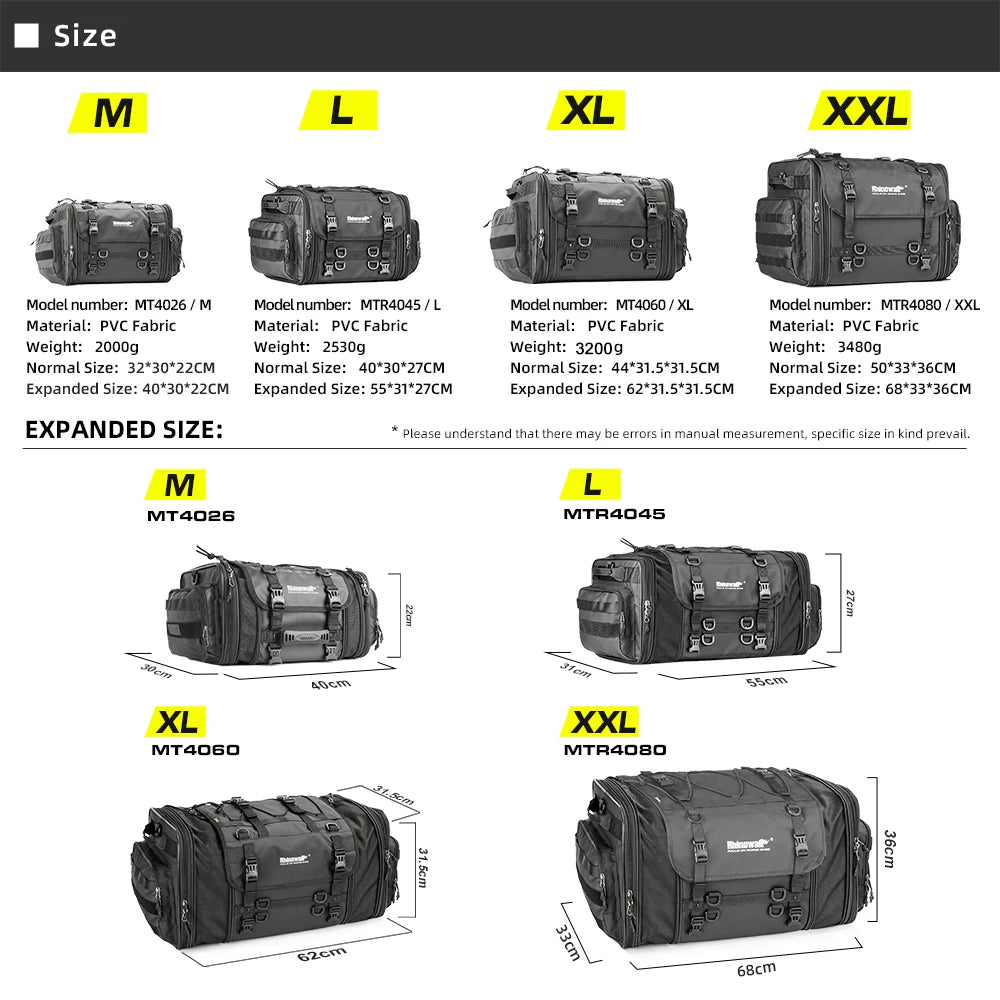 Rhinowalk Motorcycle Rear Seat Bag Travel Luggage Waterproof 19L-80L Expandable Motor Tail/Trunk/Rack Bag For Most motorcycle