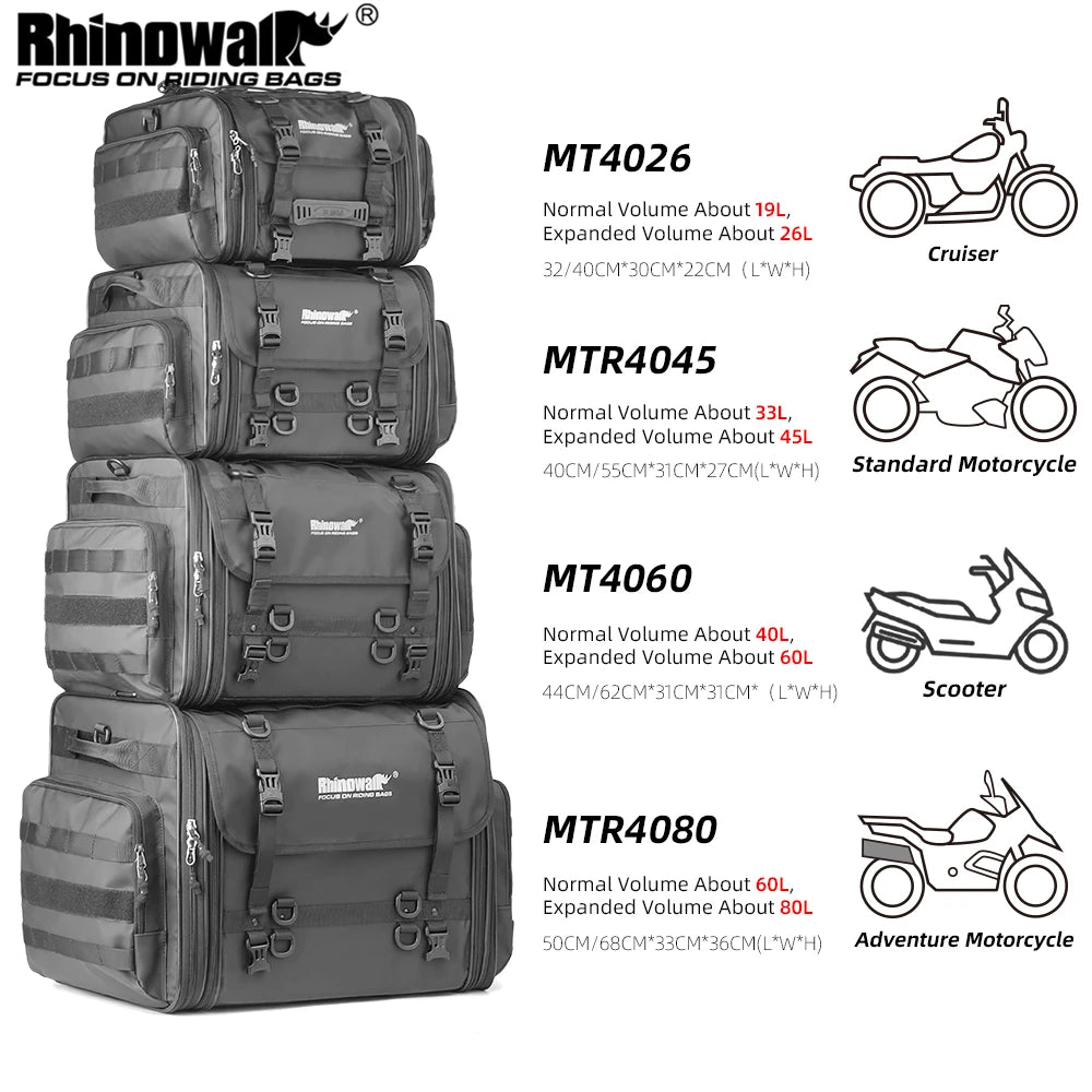 Rhinowalk Motorcycle Rear Seat Bag Travel Luggage Waterproof 19L-80L Expandable Motor Tail/Trunk/Rack Bag For Most motorcycle